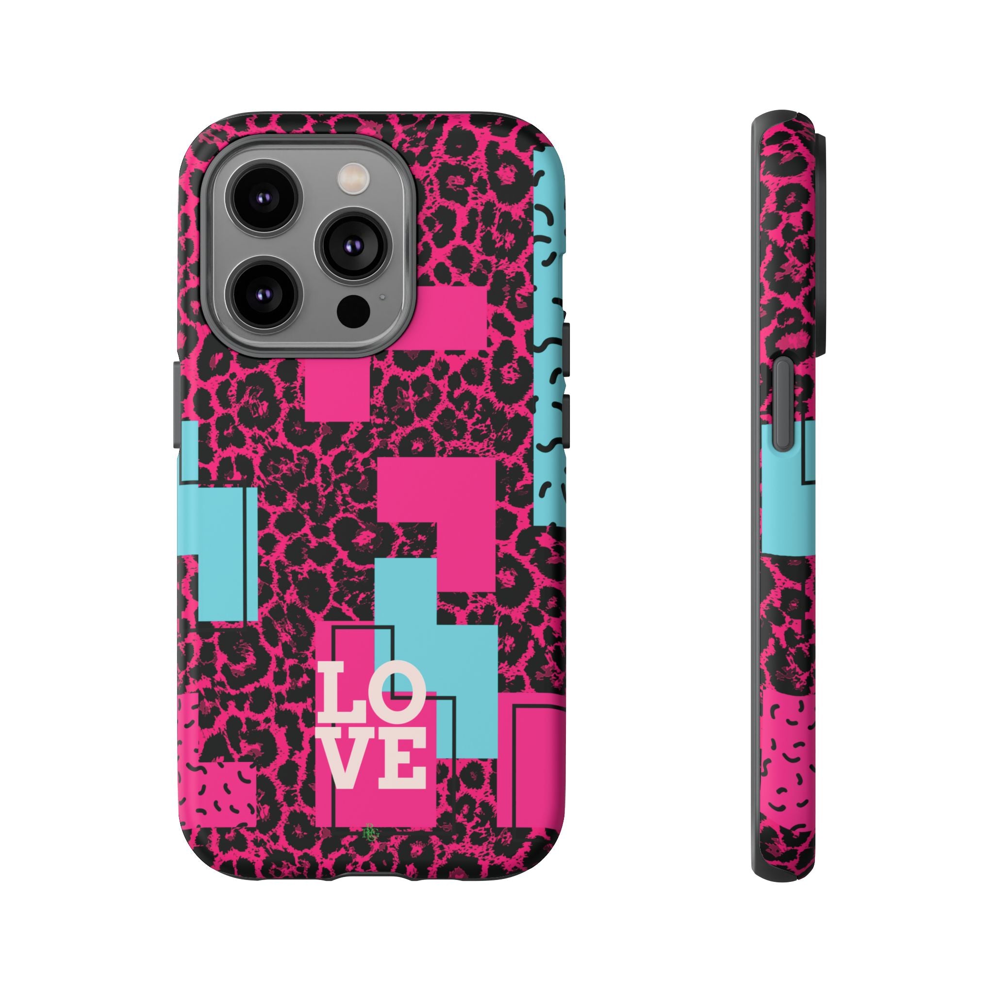 Pink Love Retro Blocks Leopard RG Tough Phone Case for iPhone, Galaxy, or Google Pixel