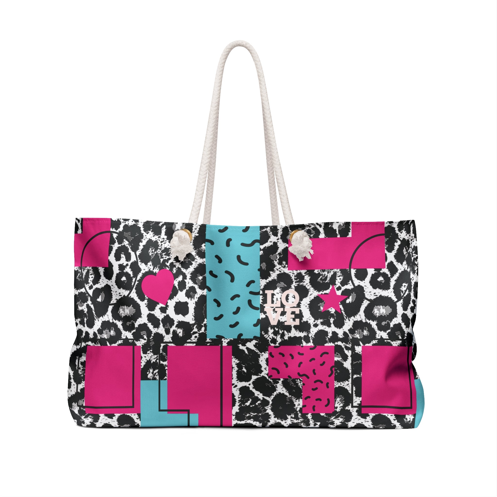 LOVE Retro Blocks Leopard EcoFriendly Weekender Bag, Travel Tote, Beach Bag