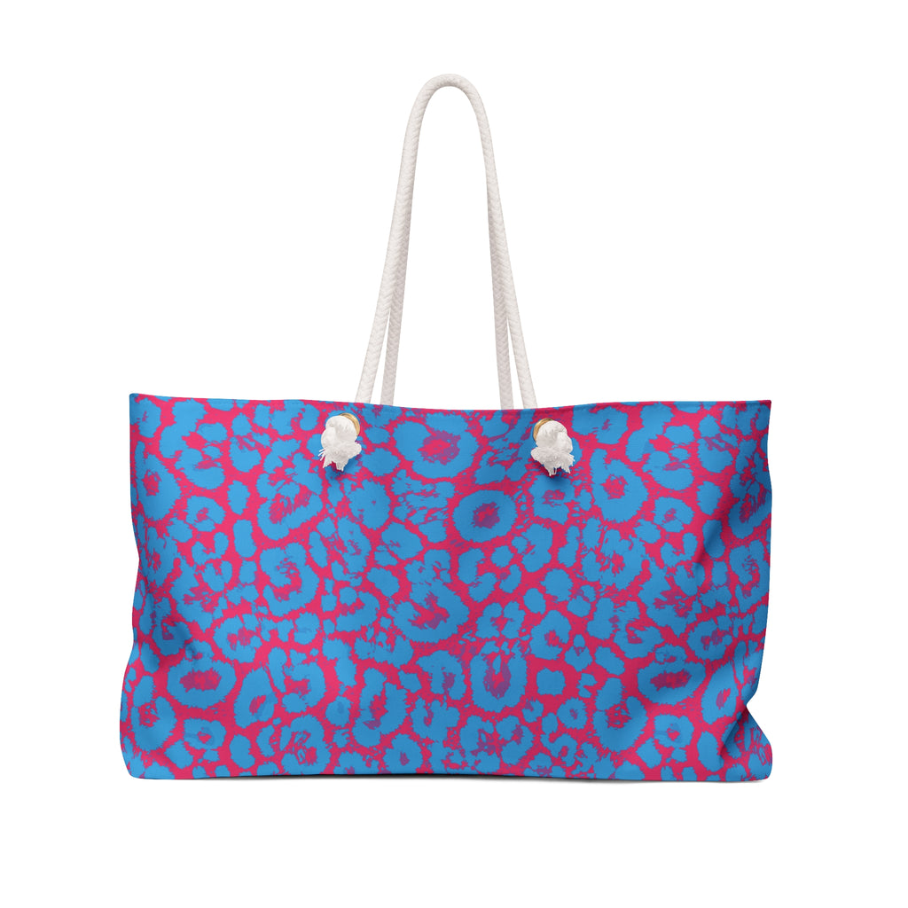 Blue Pink Leopard Eco Friendly Weekender Bag, Travel Tote, Beach Bag