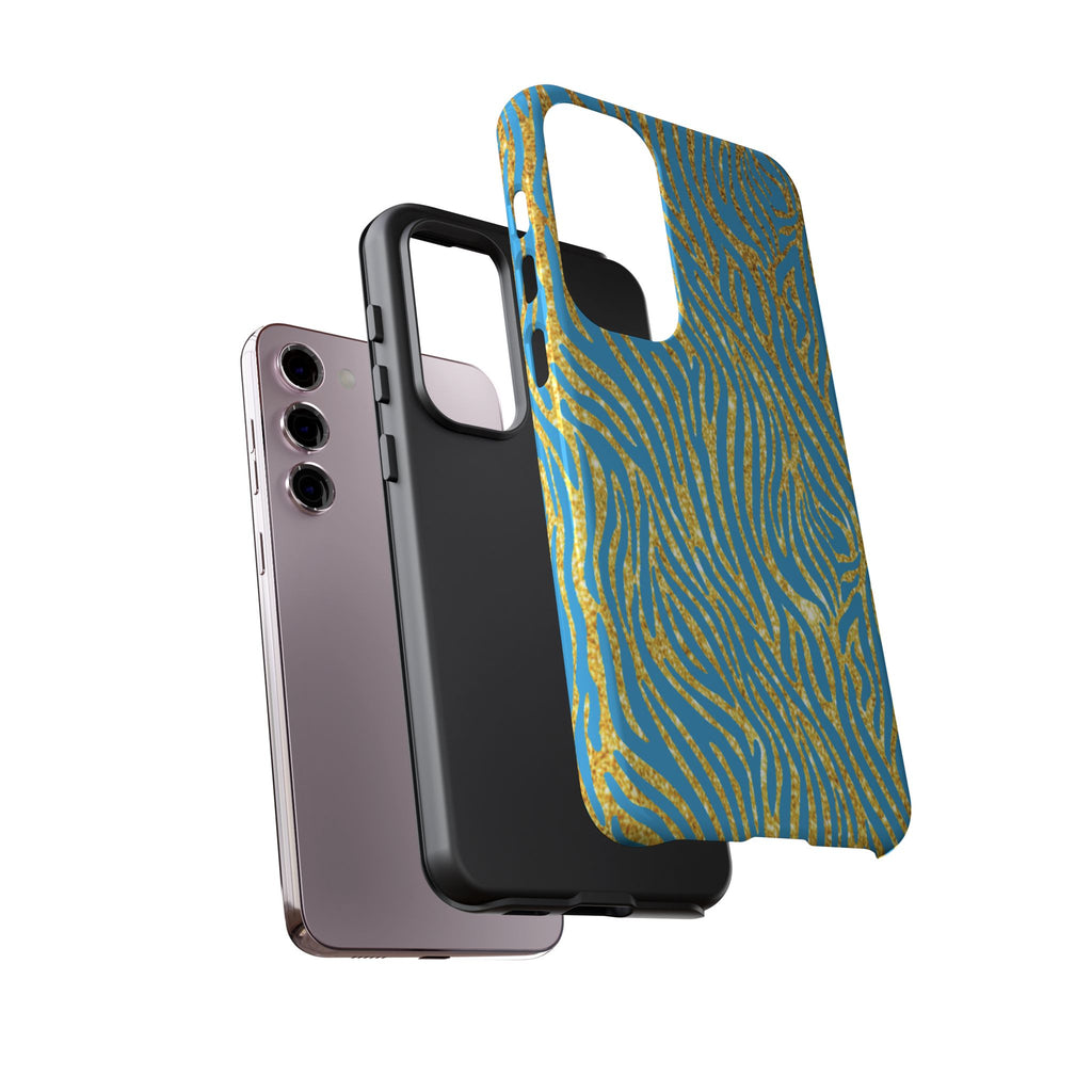 Blue Gold Zebra Tough Case for iPhone, Galaxy, or Google Pixel
