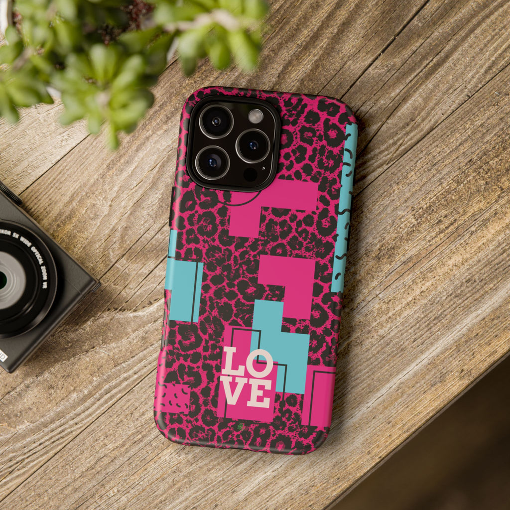 Pink Love Retro Blocks Leopard RG Tough Phone Case for iPhone, Galaxy, or Google Pixel