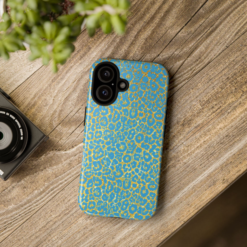 Blue Gold Leopard Tough Phone Case for iPhone, Galaxy, or Google Pixel