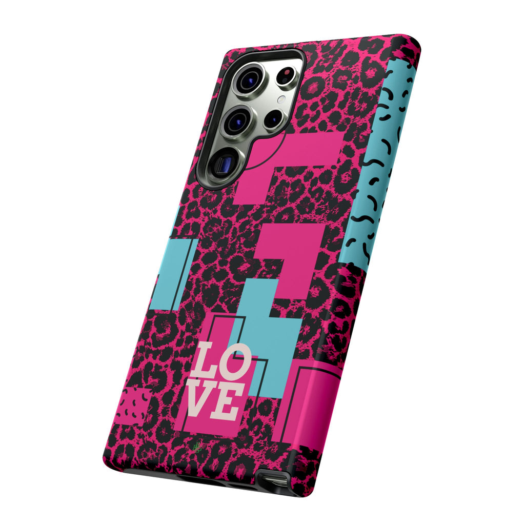 Pink Love Retro Blocks Leopard RG Tough Phone Case for iPhone, Galaxy, or Google Pixel