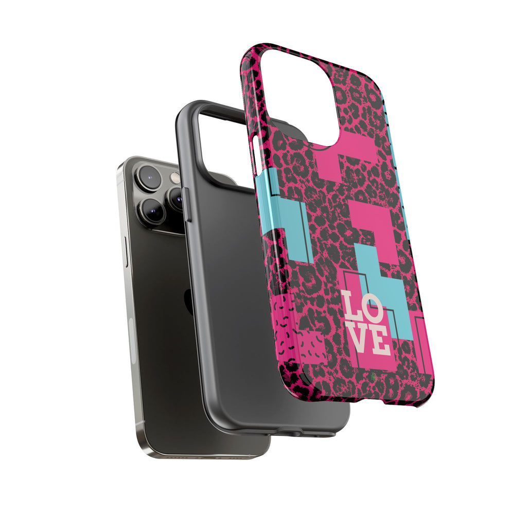 Pink Love Retro Blocks Leopard RG Tough Phone Case for iPhone, Galaxy, or Google Pixel