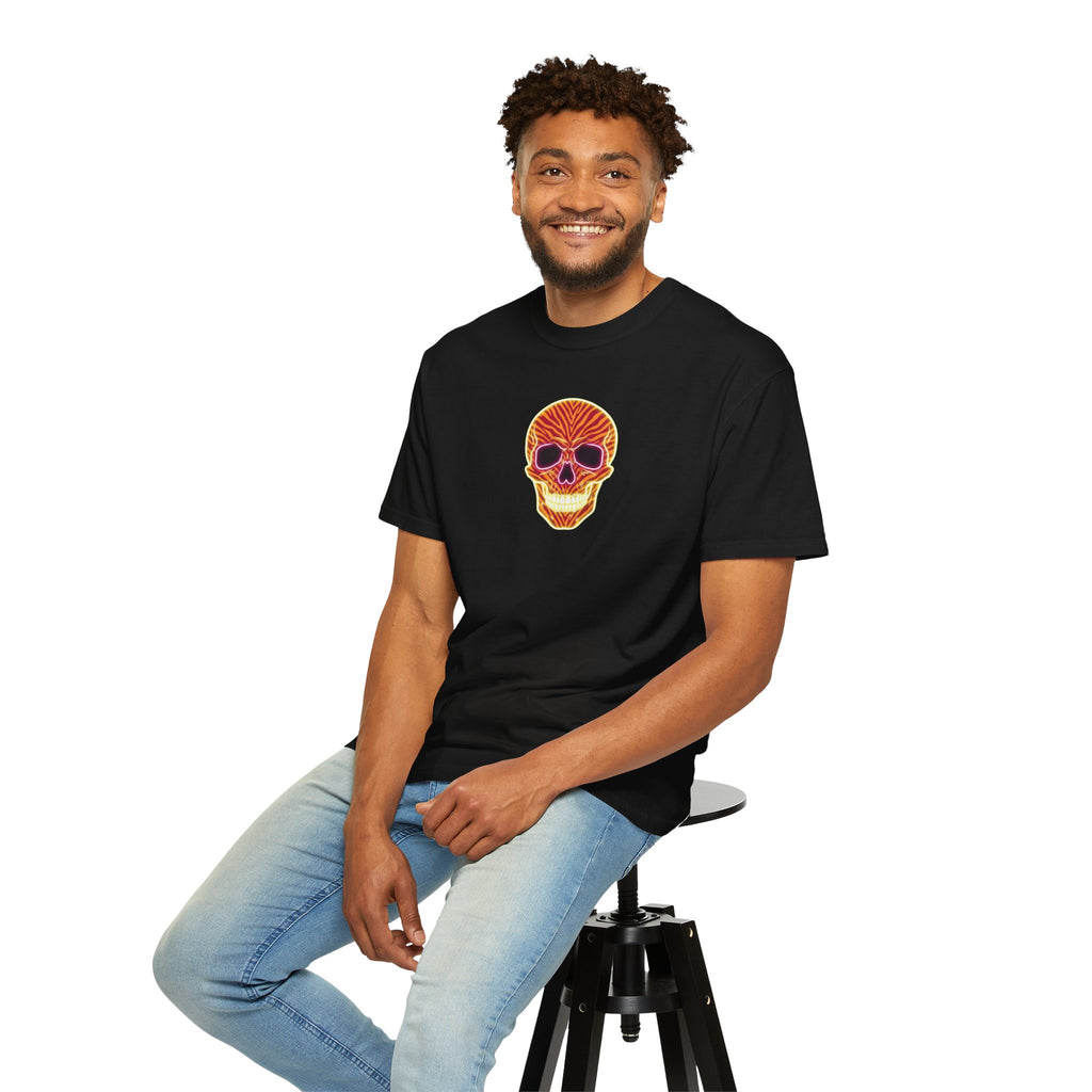 Neon Orange Flame Vibe Zebra Print Skull Unisex Garment-Dyed T-shirt