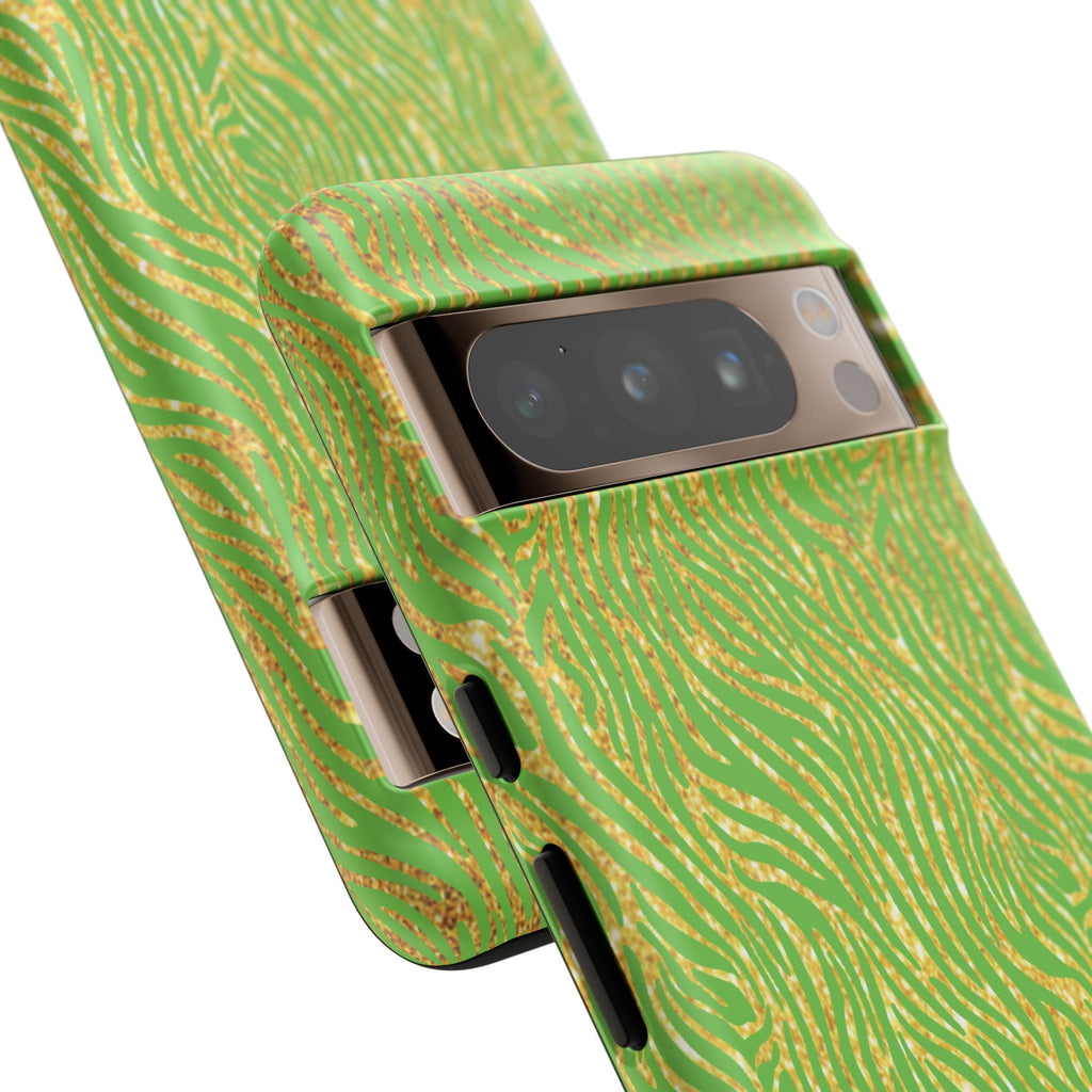 Neon Green Gold Zebra Tough Phone Case for iPhone, Galaxy, or Google Pixel