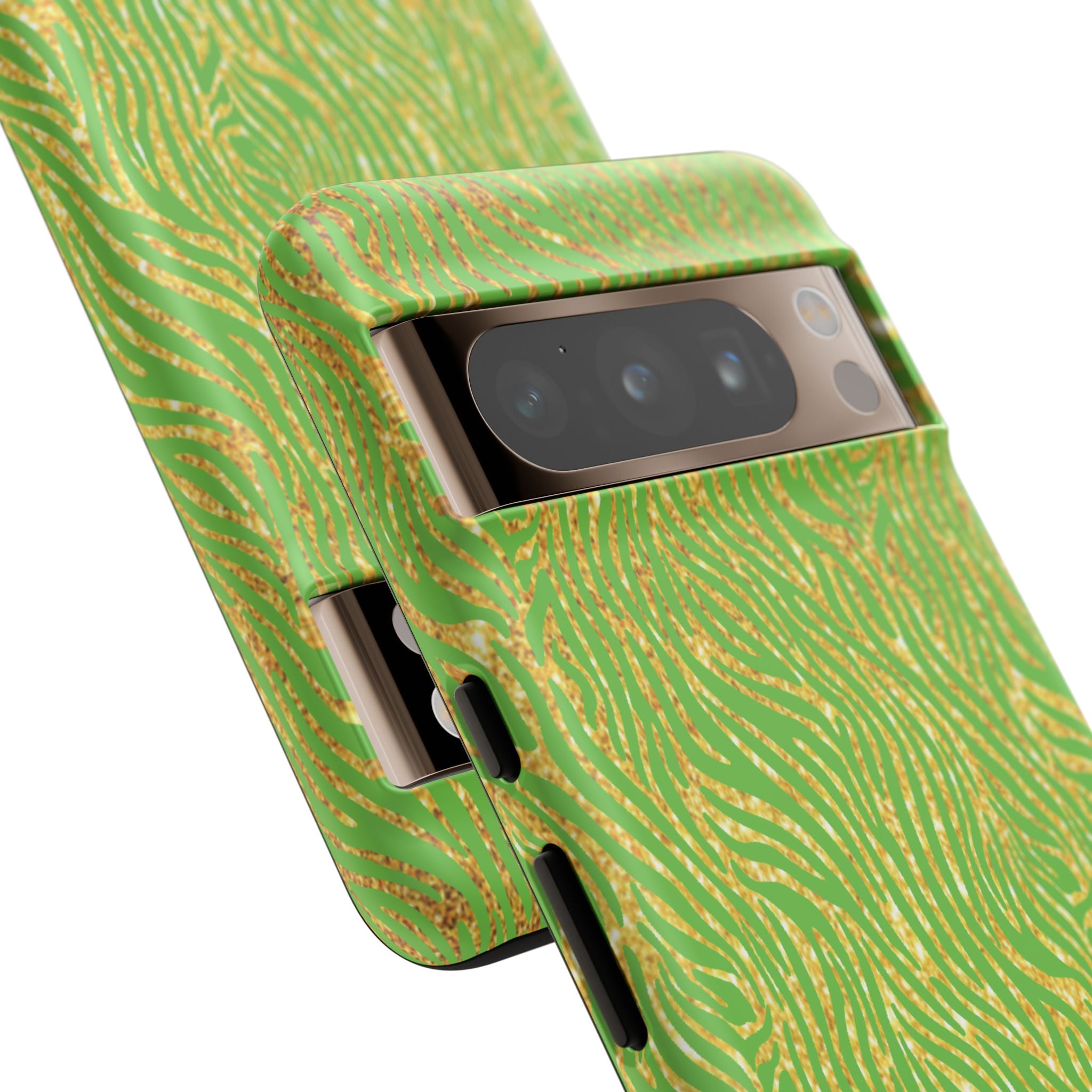 Neon Green Gold Zebra Tough Phone Case for iPhone, Galaxy, or Google Pixel