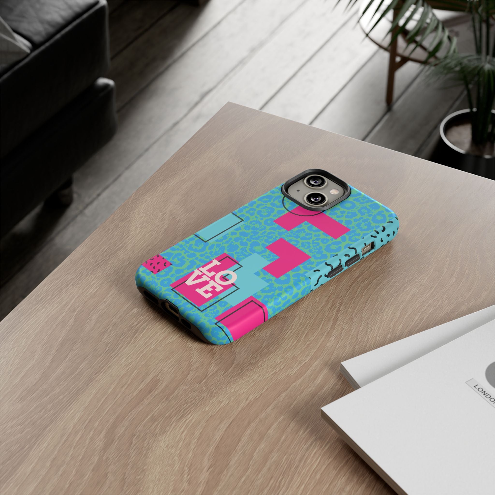 LOVE Aqua Blue Leopard RG Tough Phone Case iPhone, Galaxy, or Google Pixel