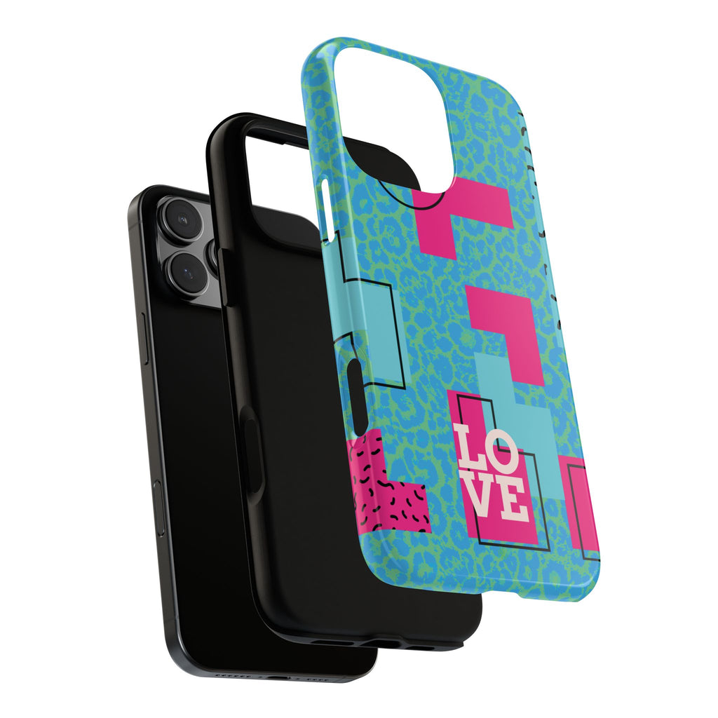 LOVE Aqua Blue Leopard RG Tough Phone Case iPhone, Galaxy, or Google Pixel
