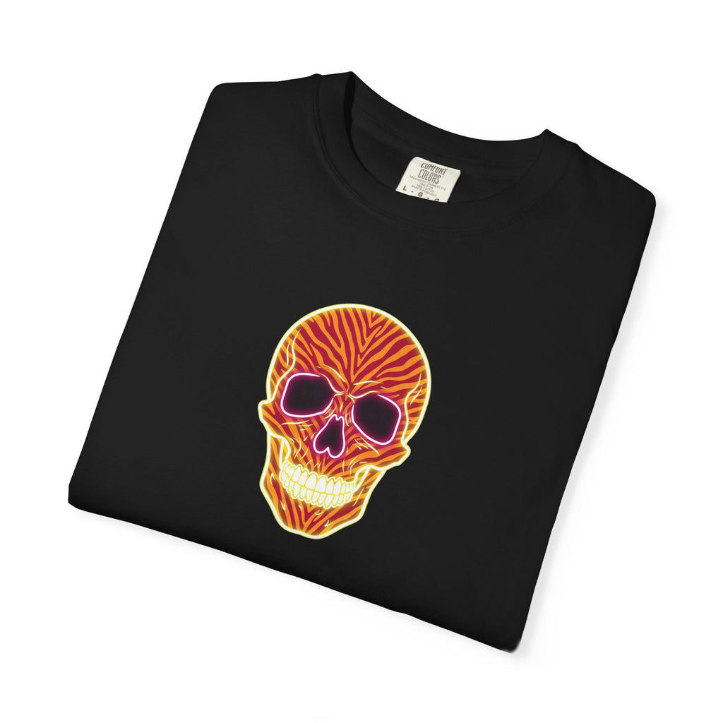 Neon Orange Flame Vibe Zebra Print Skull Unisex Garment-Dyed T-shirt