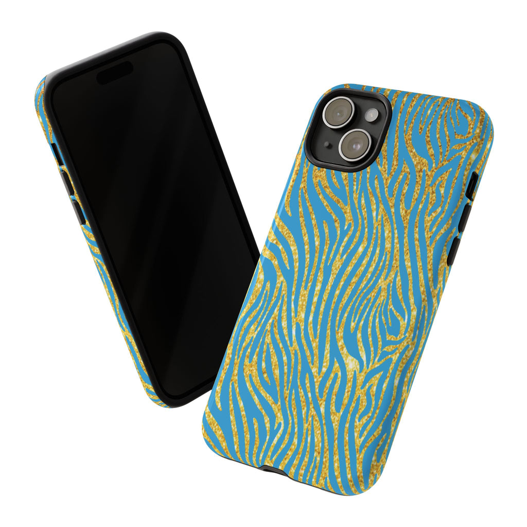Blue Gold Zebra Tough Case for iPhone, Galaxy, or Google Pixel