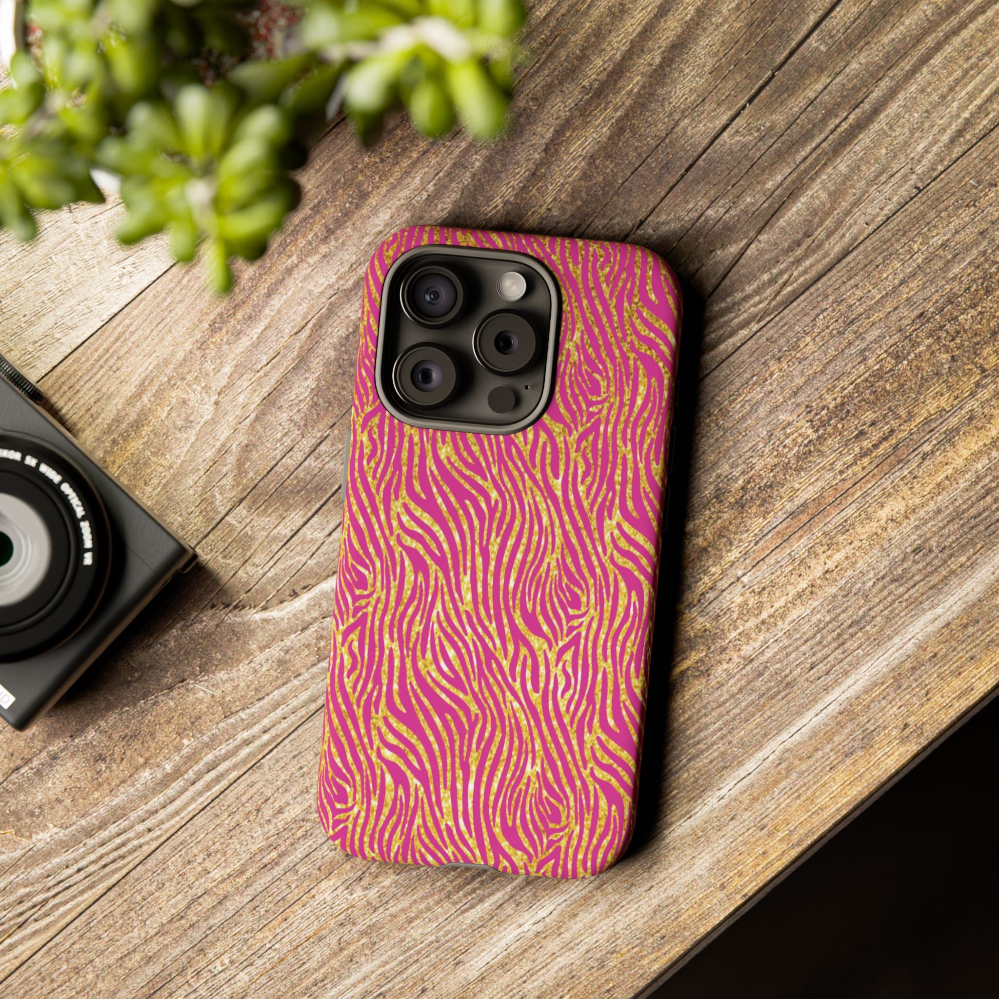 Pink Gold Zebra Print Tough Case for iPhone, Galaxy, or Google Pixel