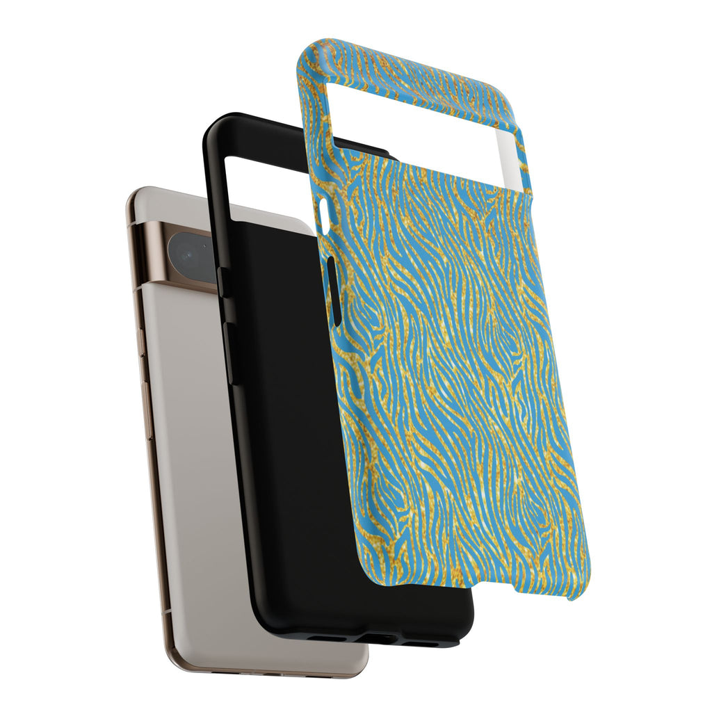 Blue Gold Zebra Tough Case for iPhone, Galaxy, or Google Pixel