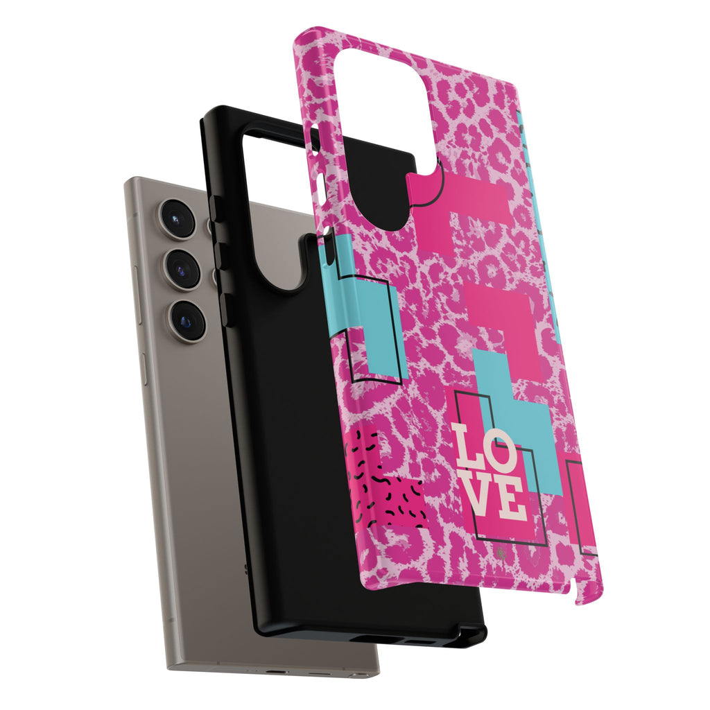 Retro Love Pink Leopard RG Tough Phone Case for iPhone, Galaxy, or Google Pixel