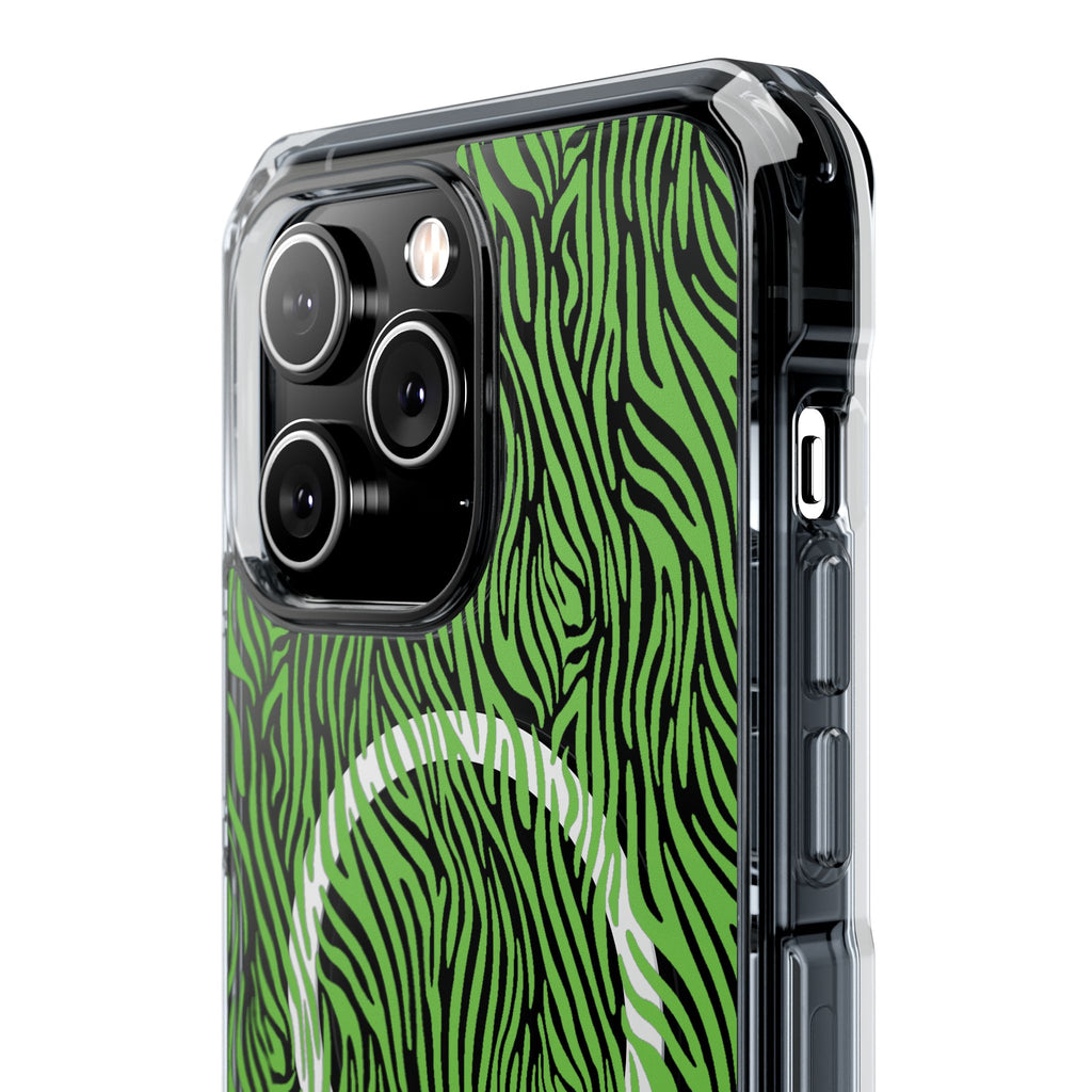 Neon Green Zebra Magnetic iPhone 14, 15, 16 Series Clear Impact Cases