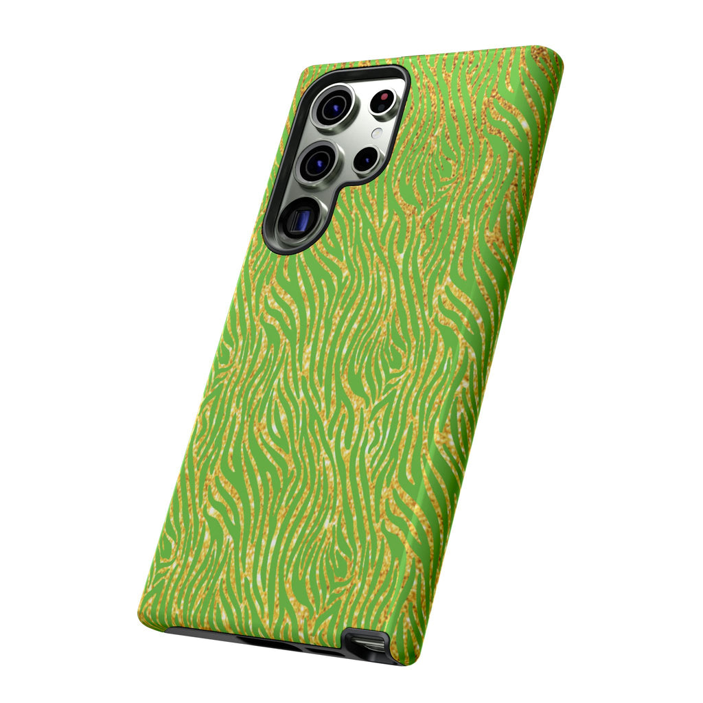 Neon Green Gold Zebra Tough Phone Case for iPhone, Galaxy, or Google Pixel