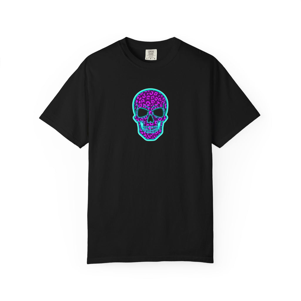 Neon Blue and Purple Leopard Print Skull Unisex Garment-Dyed T-shirt