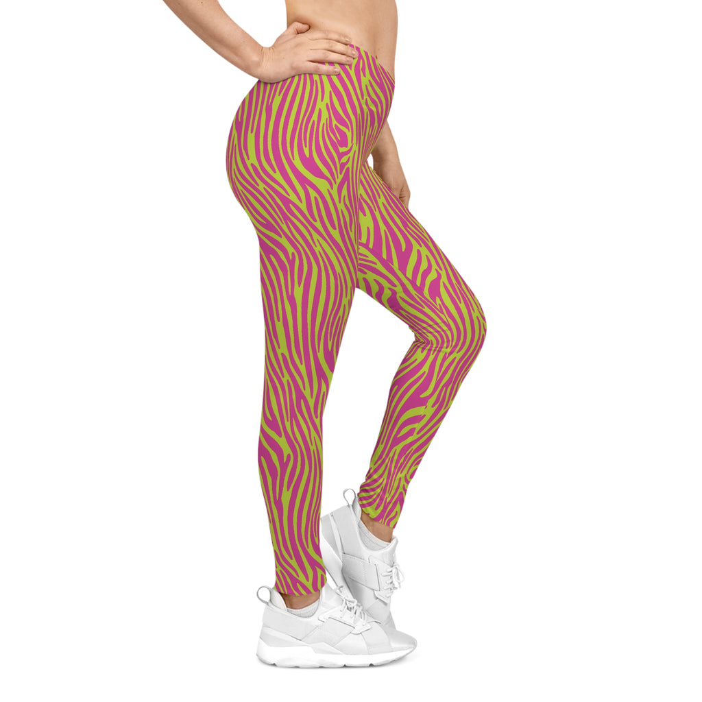 Neon Pink Lime Zebra Print Women's Casual Leggings