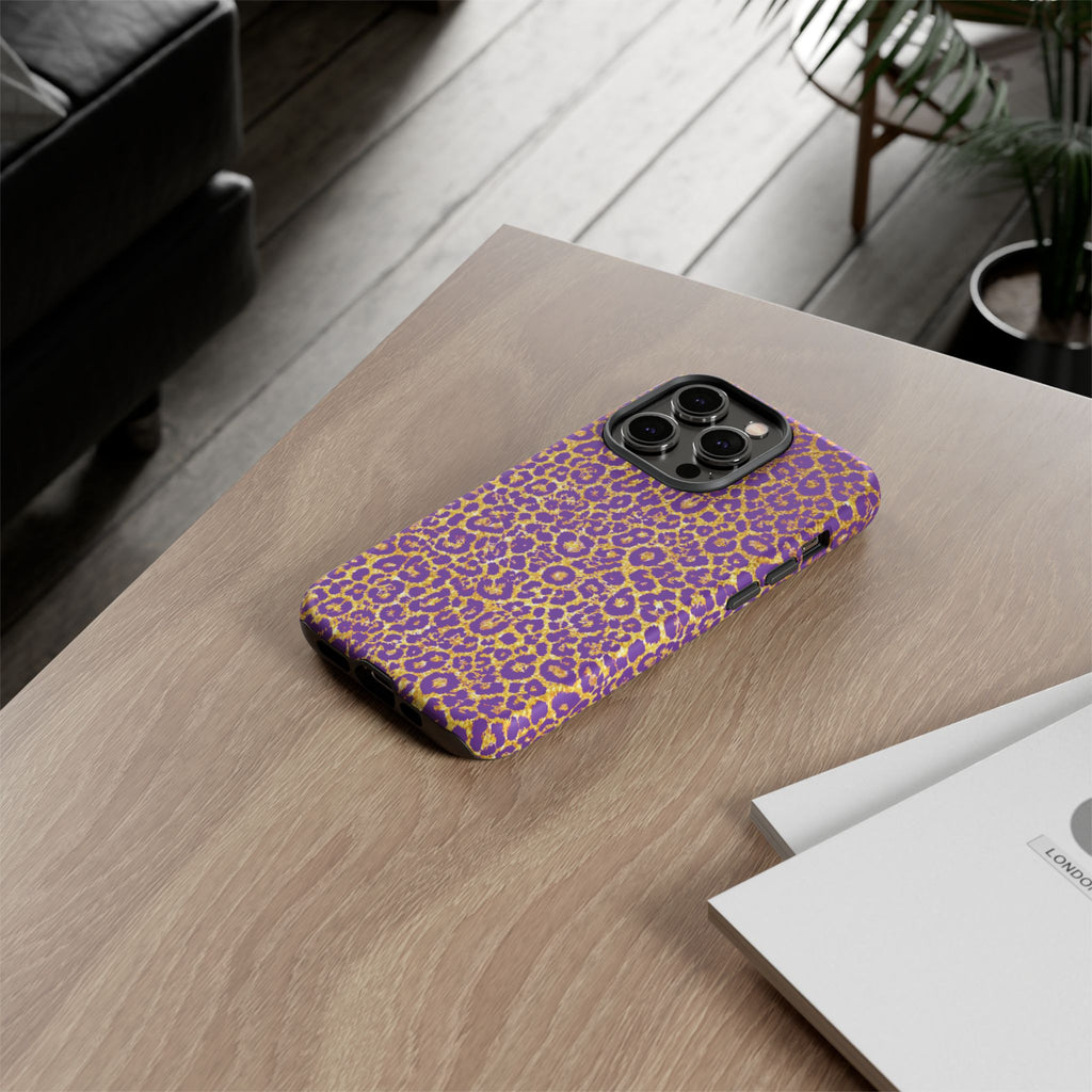Purple Gold Leopard Tough Phone Case for iPhone, Galaxy, or Google Pixel