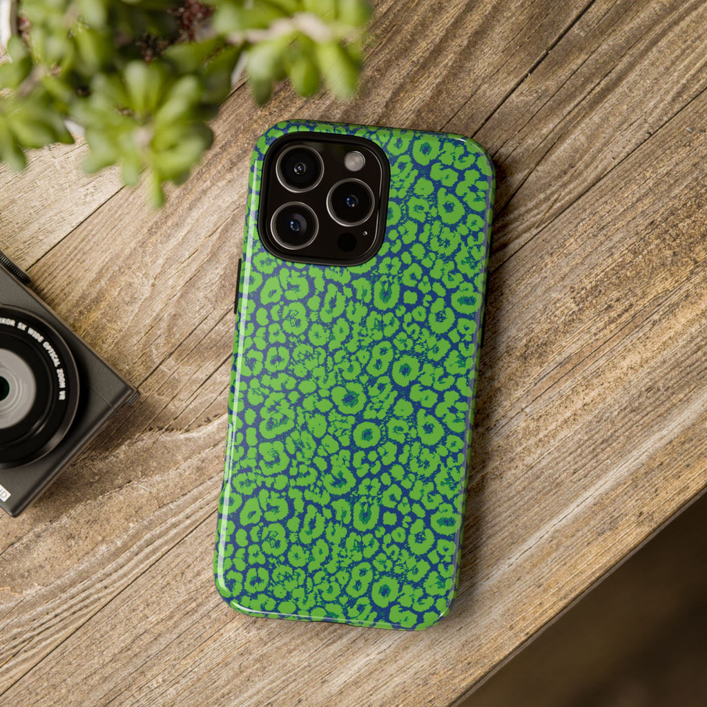 Blue Neon Green  Leopard Tough Phone Case for iPhone, Galaxy, or Google Pixel