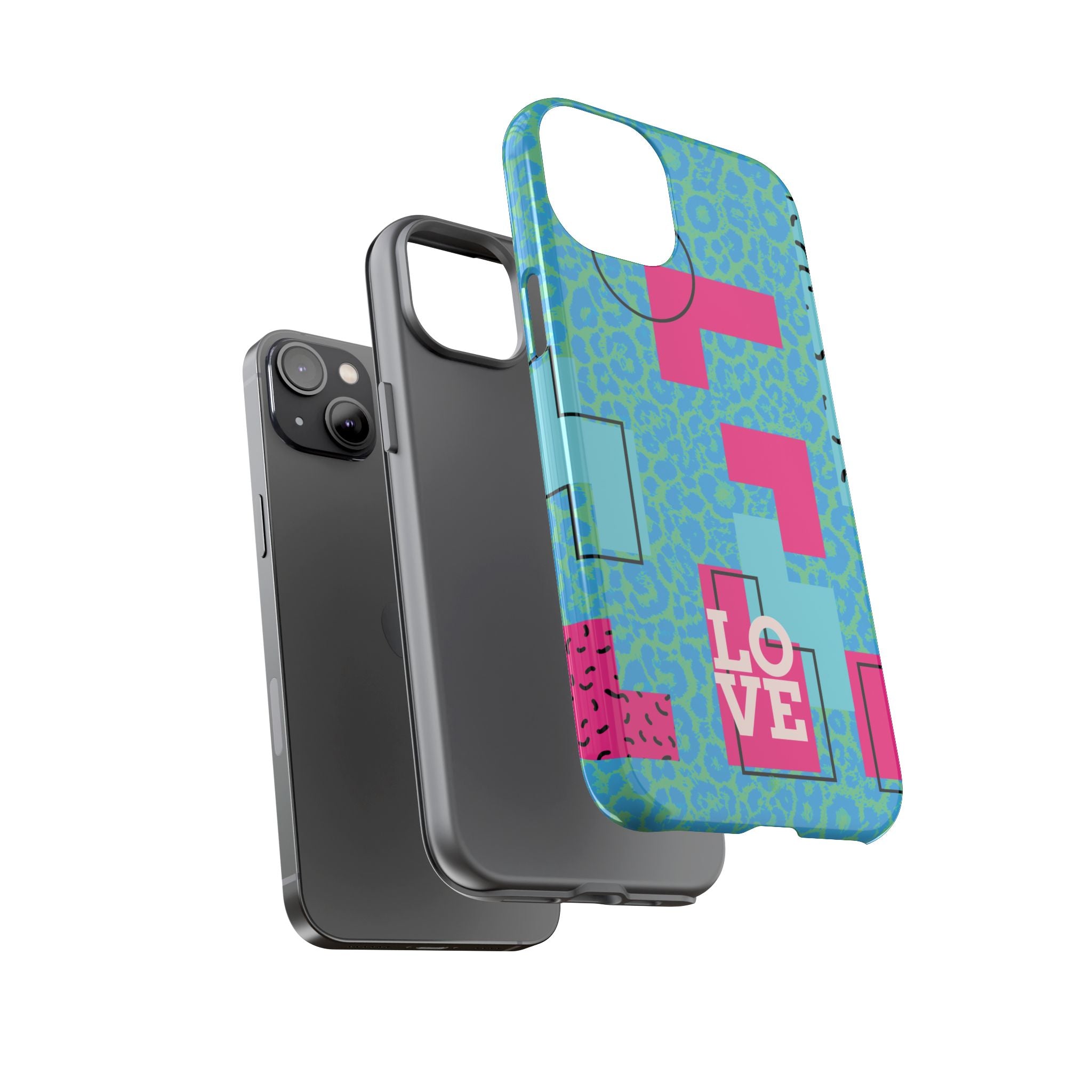 LOVE Aqua Blue Leopard RG Tough Phone Case iPhone, Galaxy, or Google Pixel