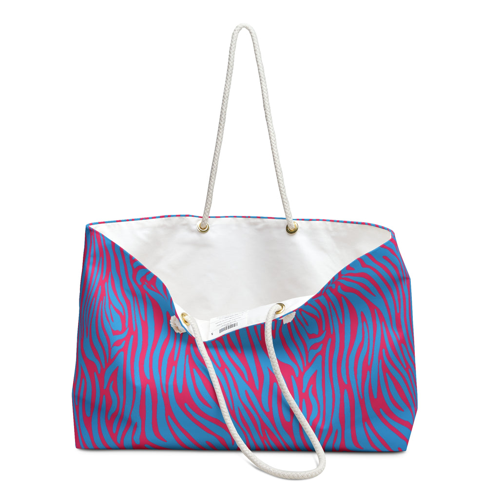 Blue Pink Zebra Eco Friendly Weekender Bag, Travel Tote, Beach Bag