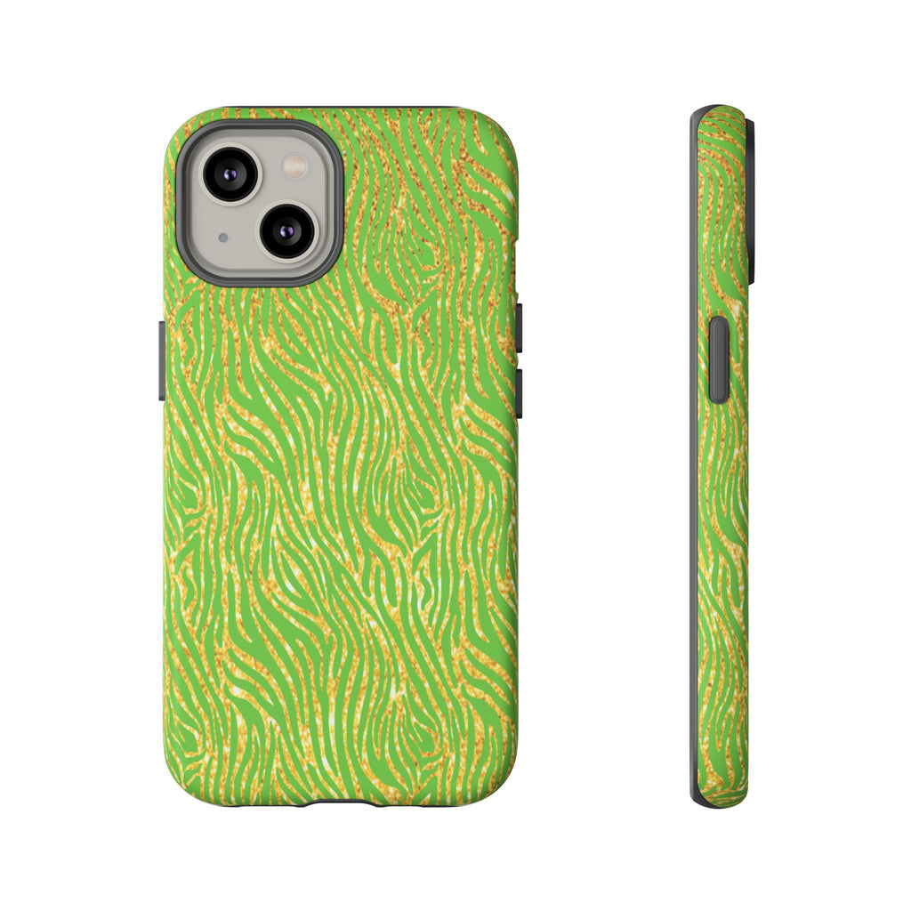 Neon Green Gold Zebra Tough Phone Case for iPhone, Galaxy, or Google Pixel