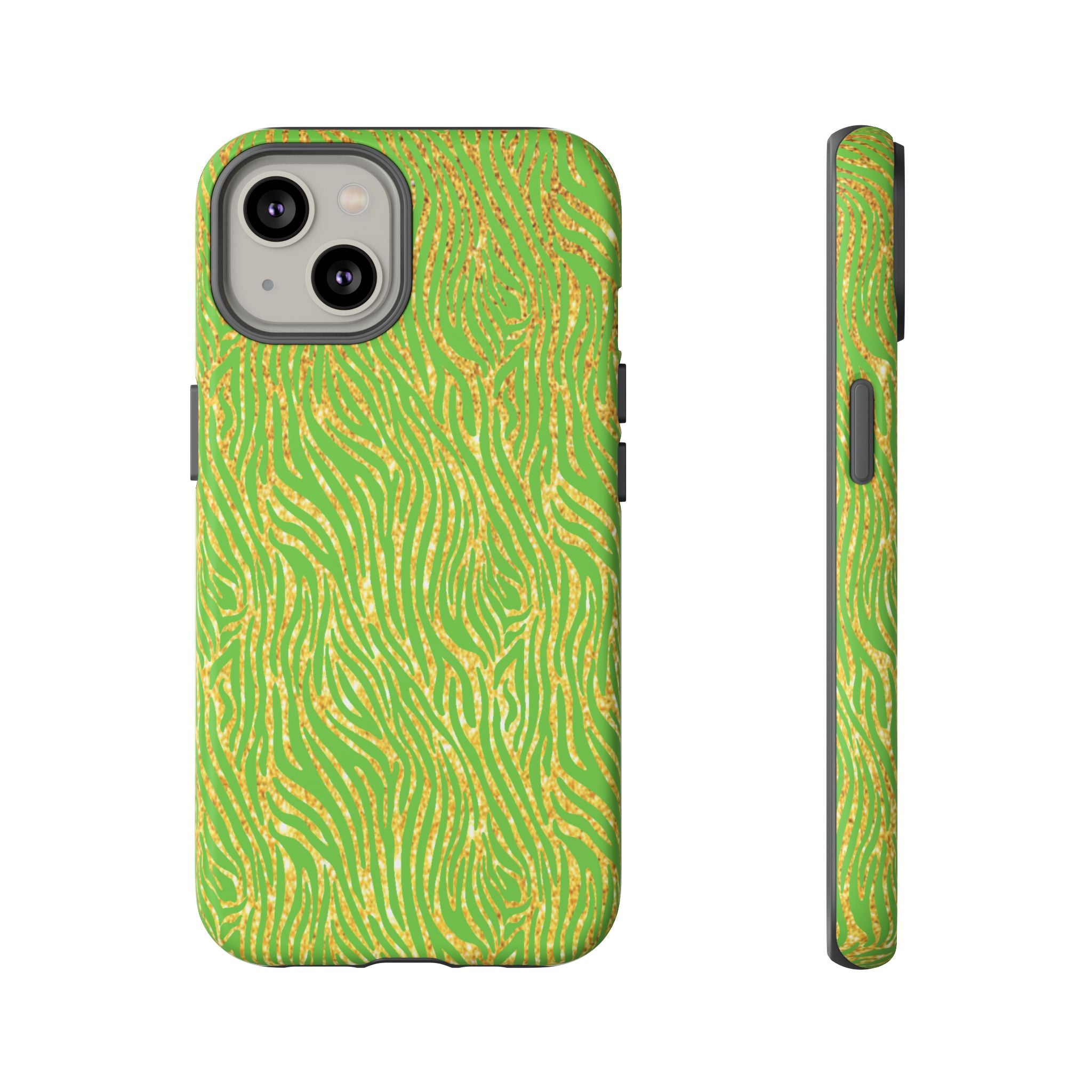 Neon Green Gold Zebra Tough Phone Case for iPhone, Galaxy, or Google Pixel