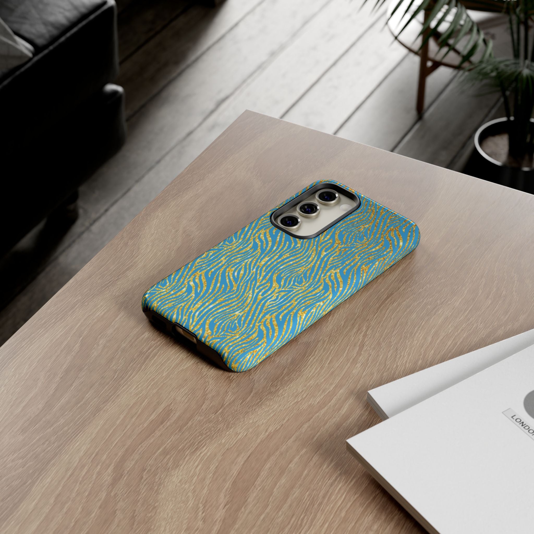 Blue Gold Zebra Tough Case for iPhone, Galaxy, or Google Pixel