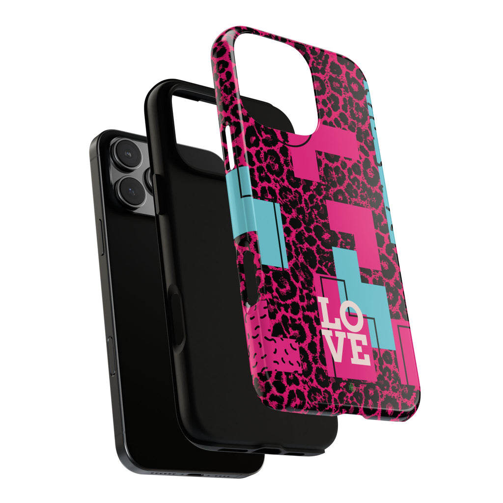 Pink Love Retro Blocks Leopard RG Tough Phone Case for iPhone, Galaxy, or Google Pixel