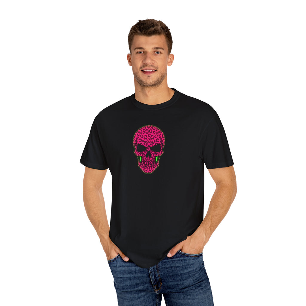 Neon Pink and Green Leopard Print Skull Unisex Garment-Dyed T-shirt
