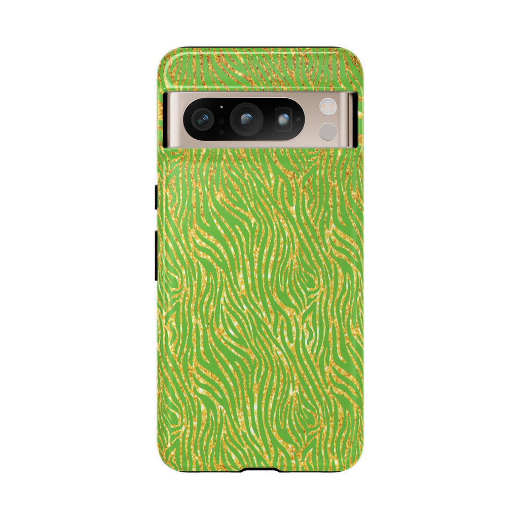 Neon Green Gold Zebra Tough Phone Case for iPhone, Galaxy, or Google Pixel