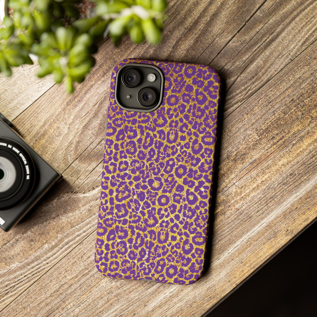 Purple Gold Leopard Tough Phone Case for iPhone, Galaxy, or Google Pixel