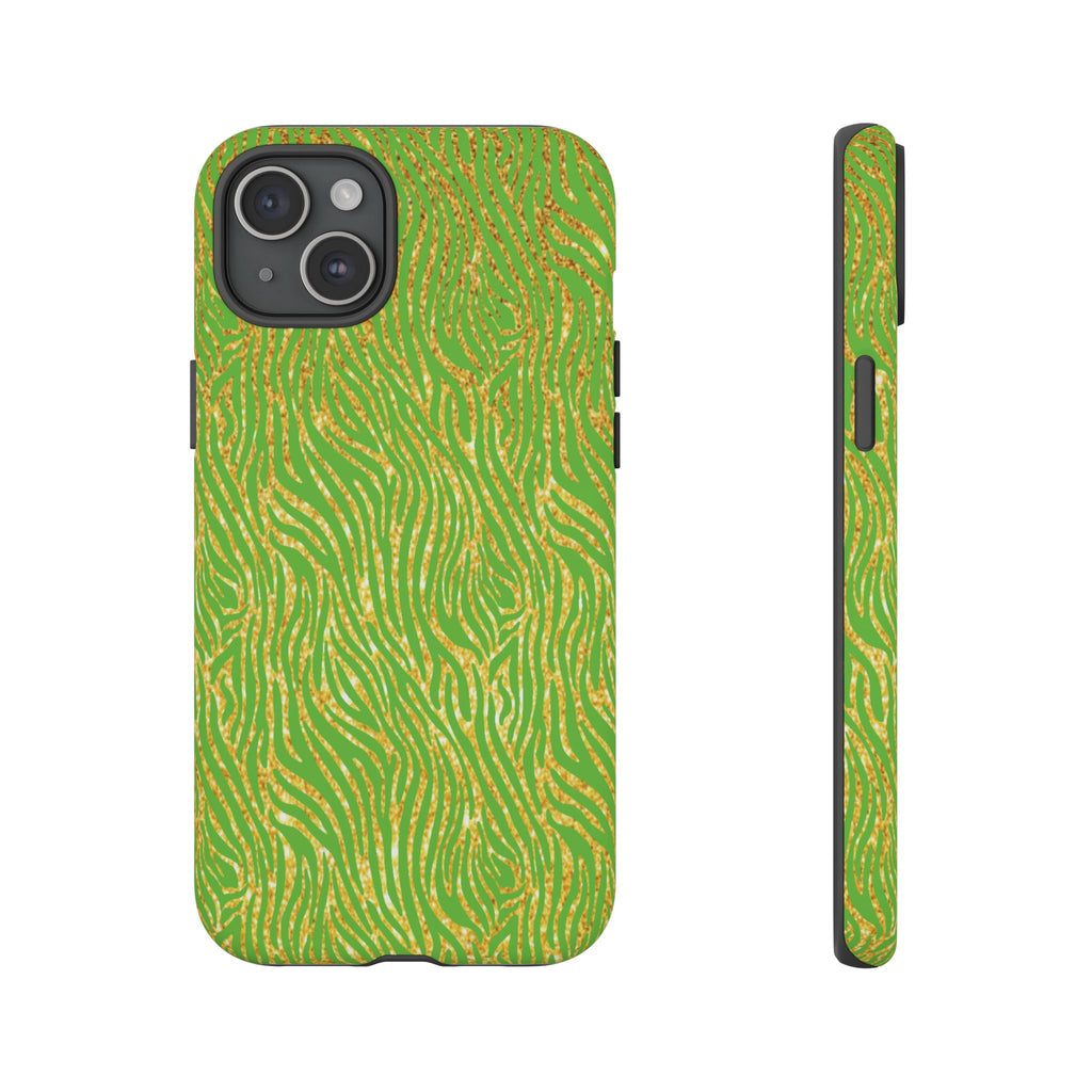 Neon Green Gold Zebra Tough Phone Case for iPhone, Galaxy, or Google Pixel