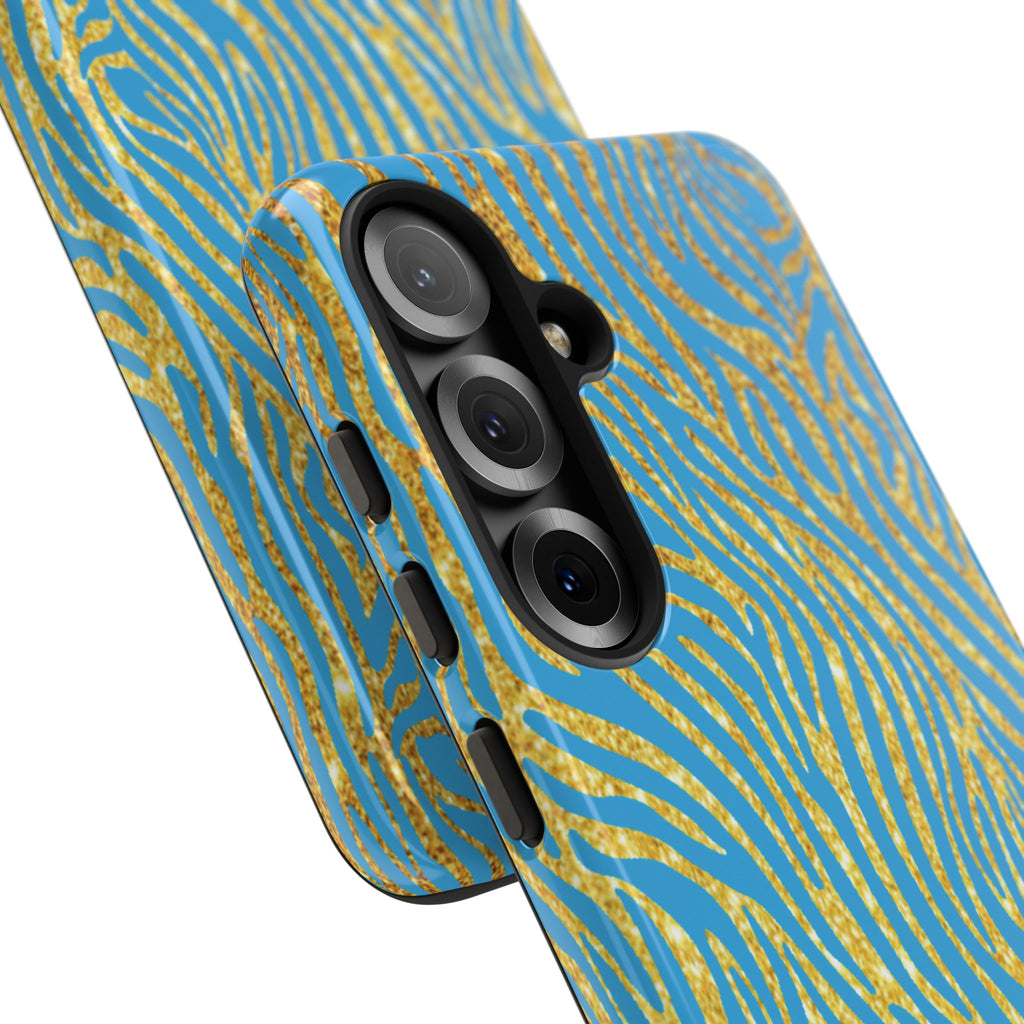 Blue Gold Zebra Tough Case for iPhone, Galaxy, or Google Pixel