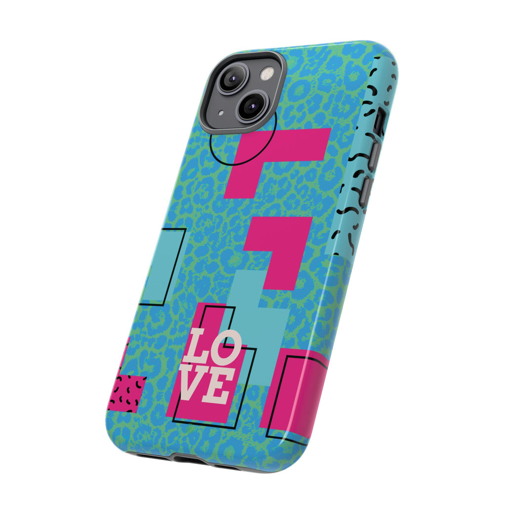 LOVE Aqua Blue Leopard RG Tough Phone Case iPhone, Galaxy, or Google Pixel