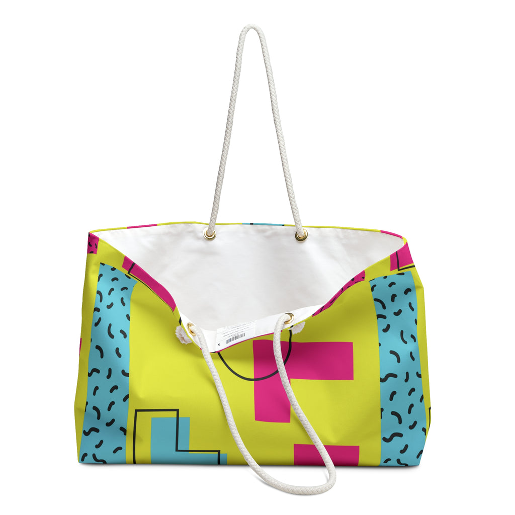 Retro Blocks Neon Yellow Eco-Friendly Weekender Bag, Travel Tote, Beach Bag