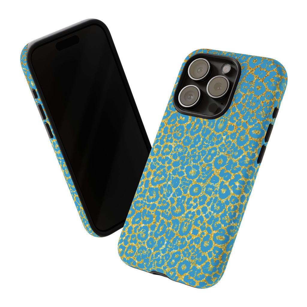 Blue Gold Leopard Tough Phone Case for iPhone, Galaxy, or Google Pixel