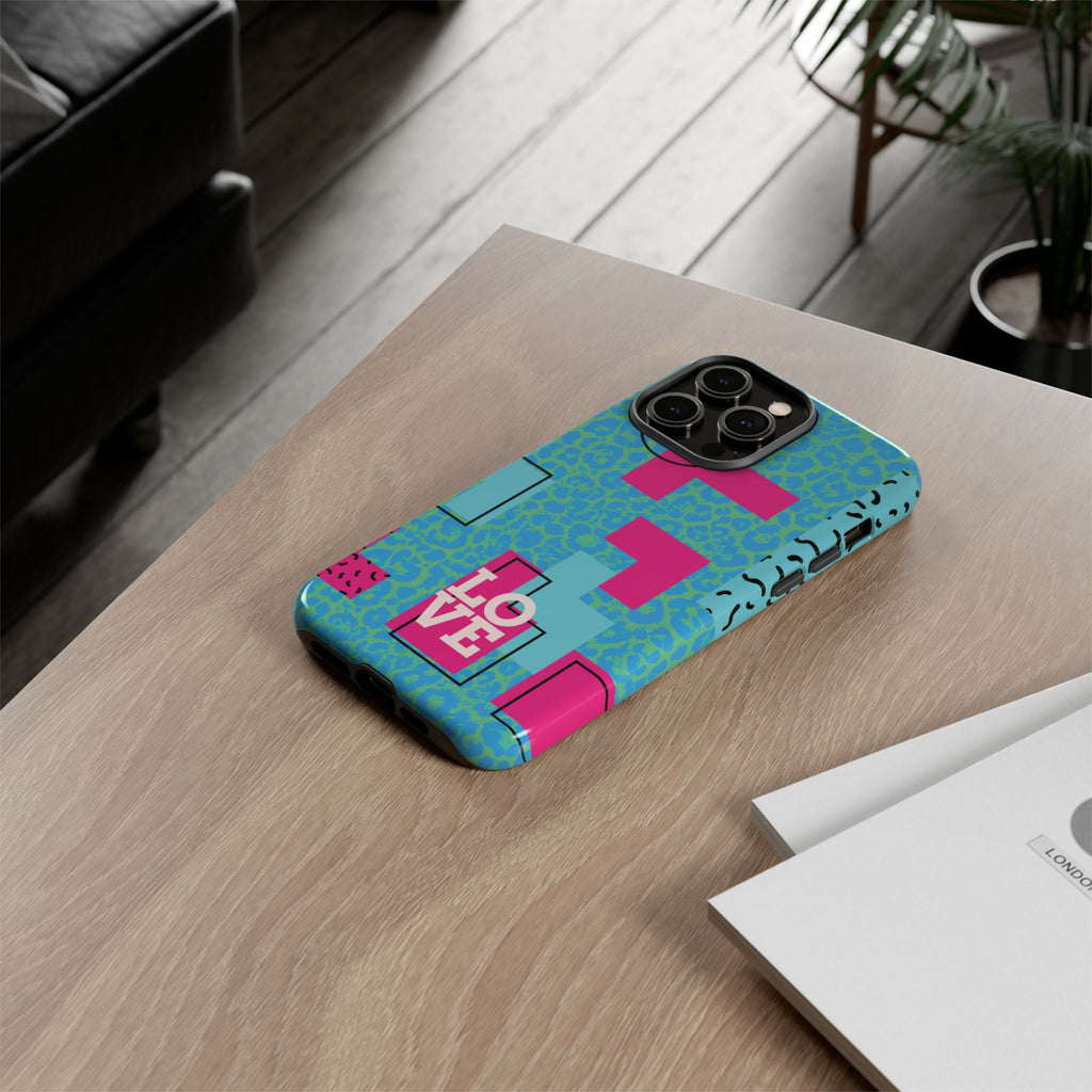 LOVE Aqua Blue Leopard RG Tough Phone Case iPhone, Galaxy, or Google Pixel