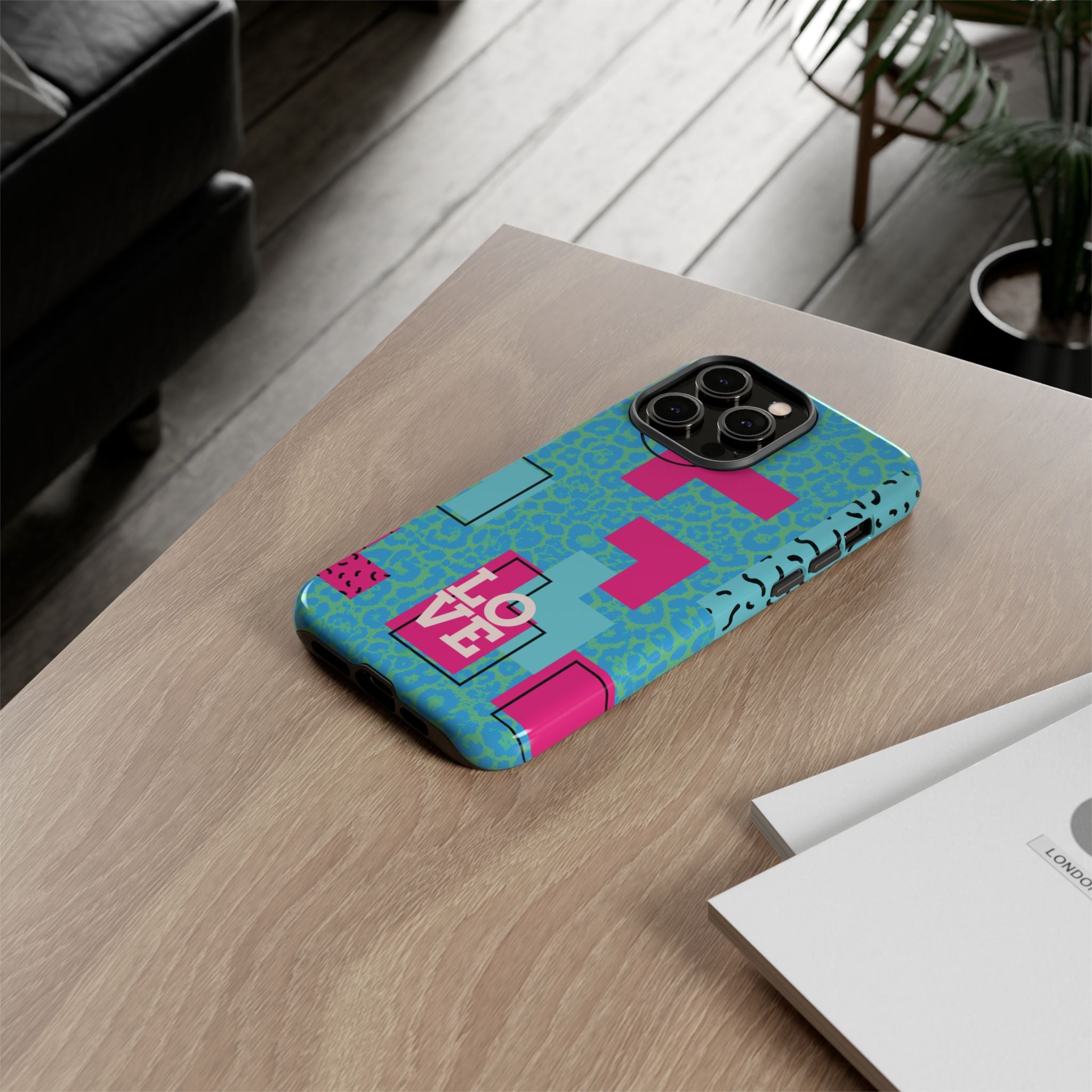 LOVE Aqua Blue Leopard RG Tough Phone Case iPhone, Galaxy, or Google Pixel