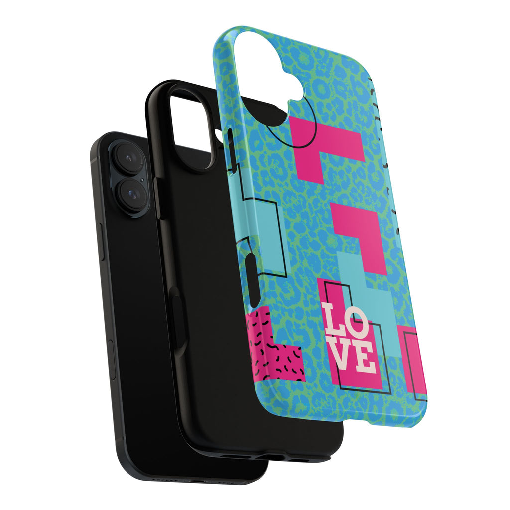 LOVE Aqua Blue Leopard RG Tough Phone Case iPhone, Galaxy, or Google Pixel