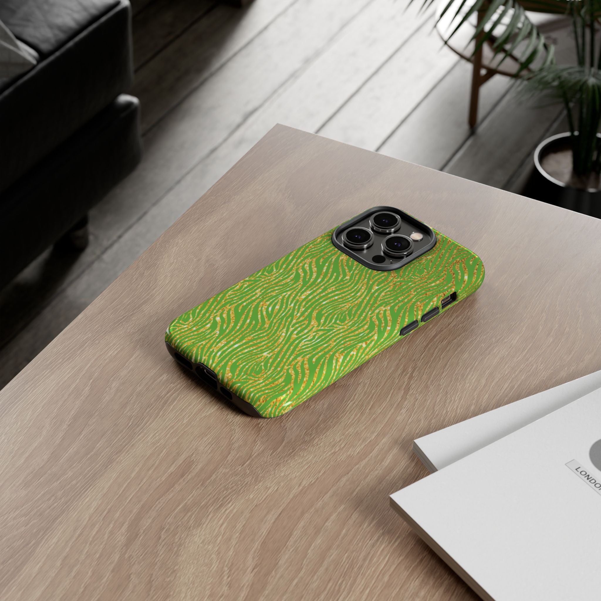 Neon Green Gold Zebra Tough Phone Case for iPhone, Galaxy, or Google Pixel