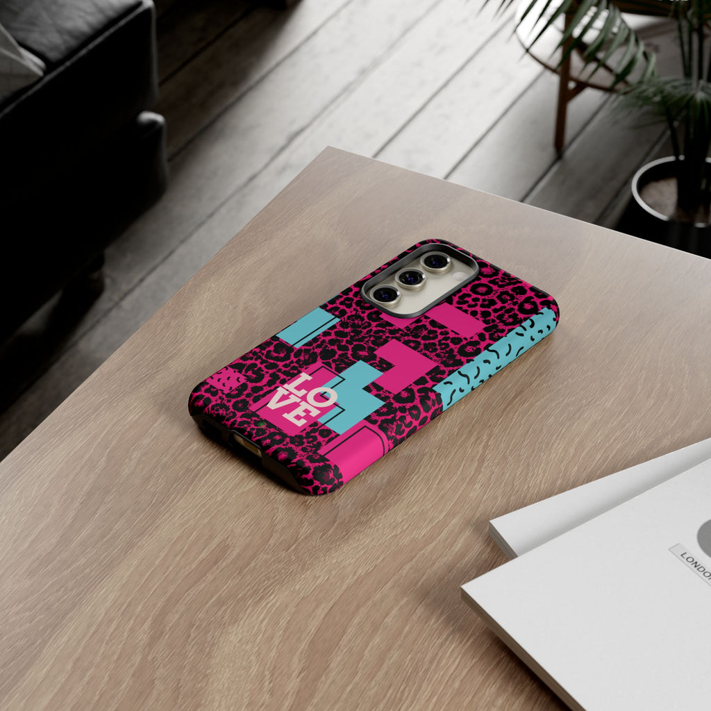 Pink Love Retro Blocks Leopard RG Tough Phone Case for iPhone, Galaxy, or Google Pixel