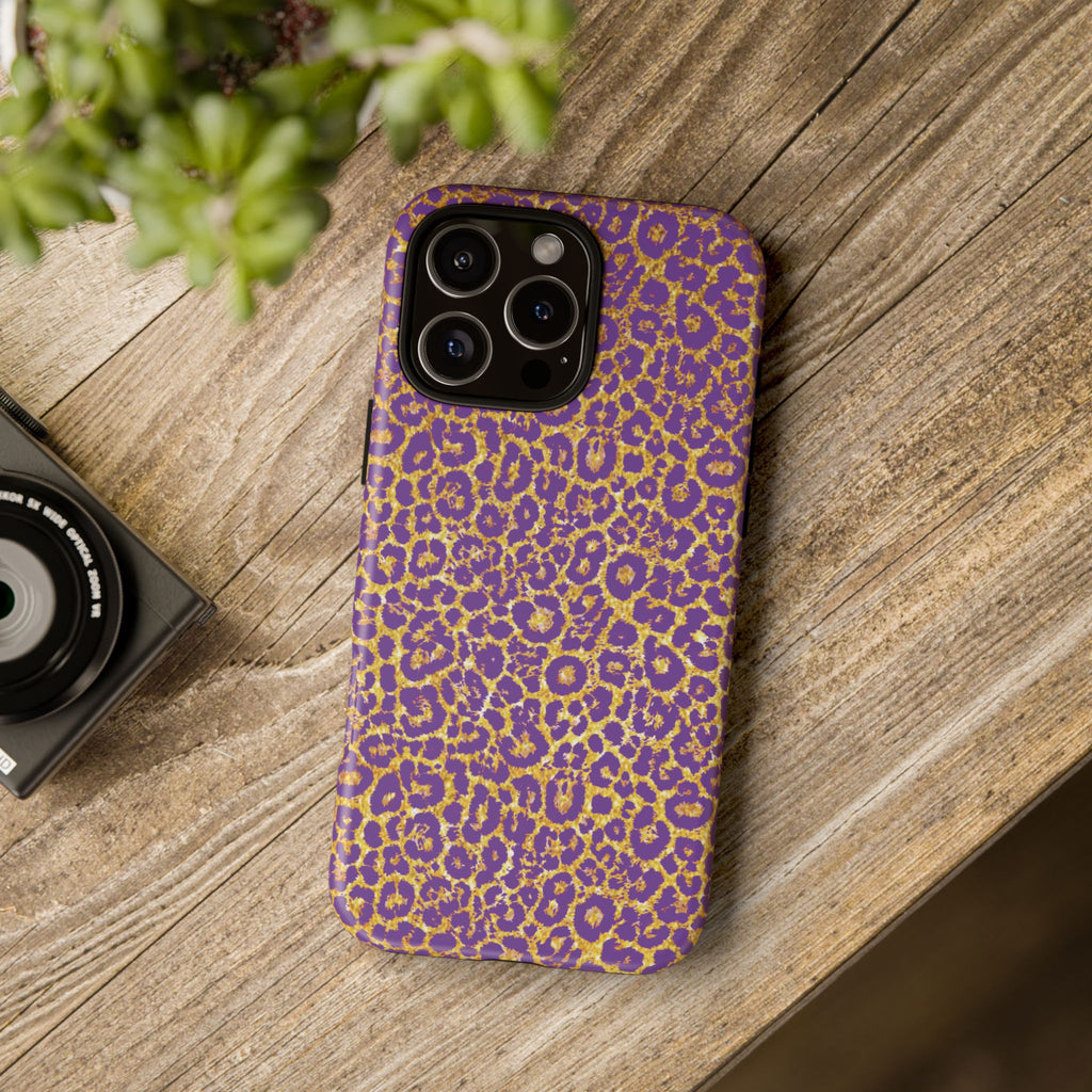 Purple Gold Leopard Tough Phone Case for iPhone, Galaxy, or Google Pixel