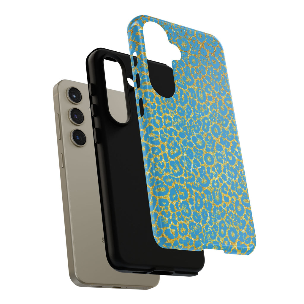 Blue Gold Leopard Tough Phone Case for iPhone, Galaxy, or Google Pixel