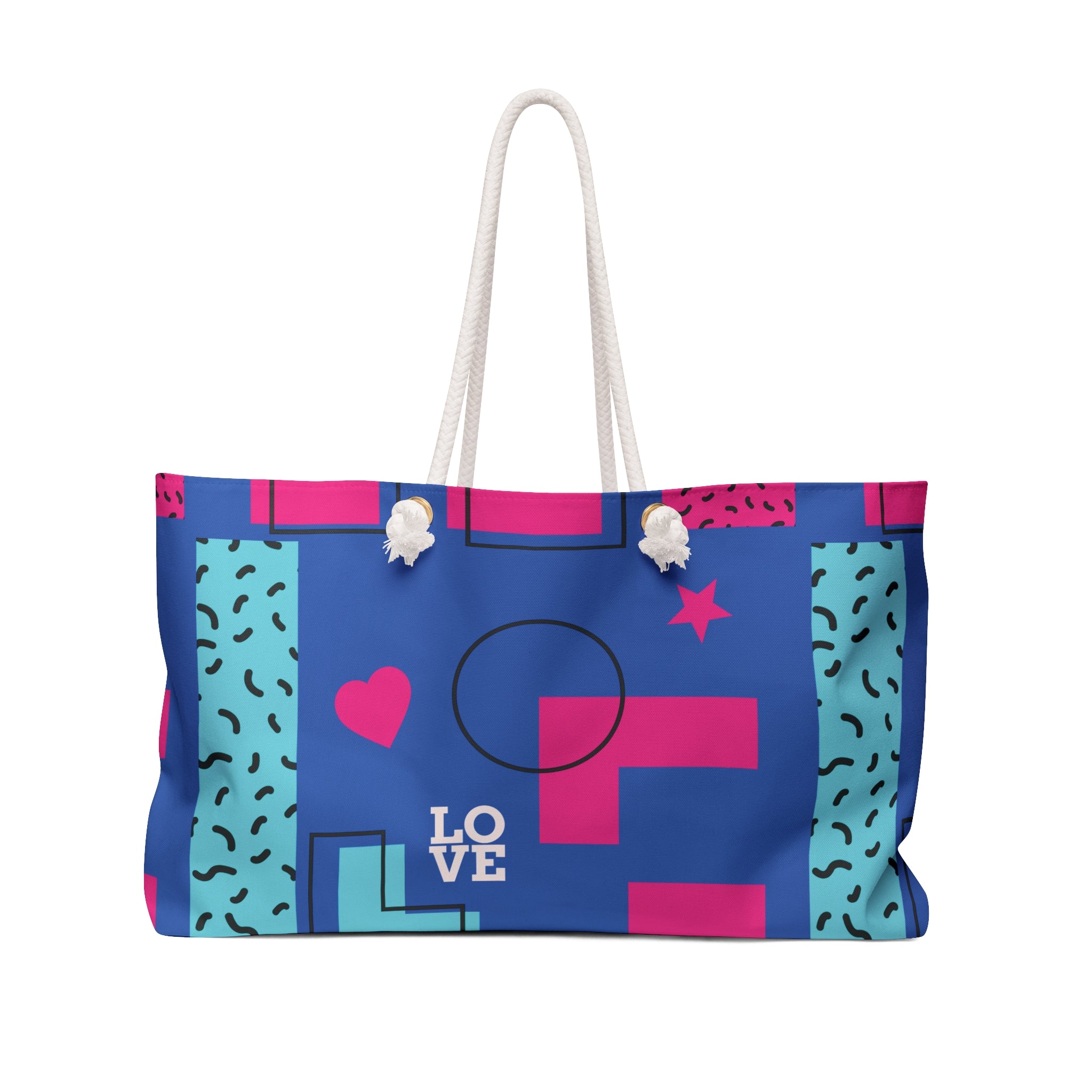 LOVE Retro Blocks Blue Eco-Friendly Weekender Bag, Travel Tote, Beach Bag