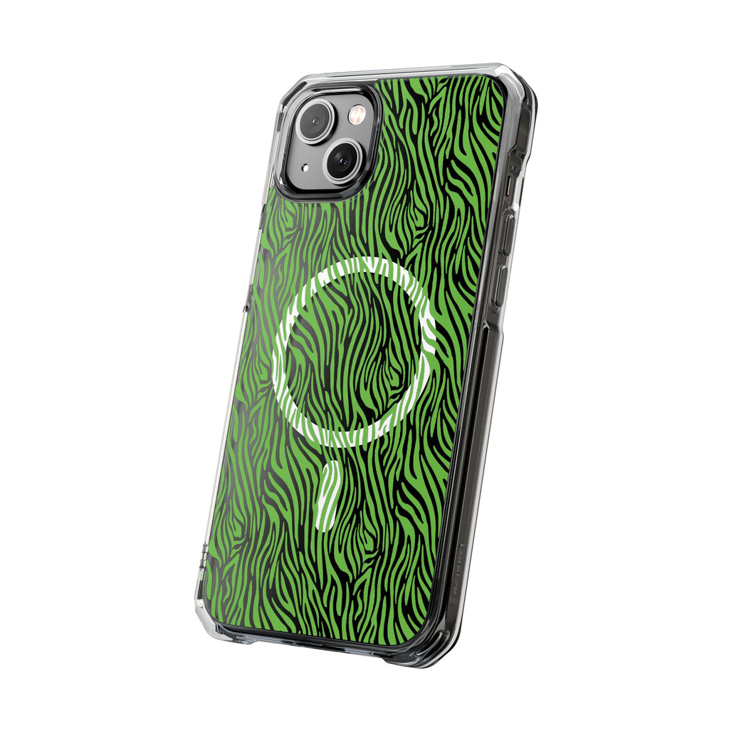 Neon Green Zebra Magnetic iPhone 14, 15, 16 Series Clear Impact Cases