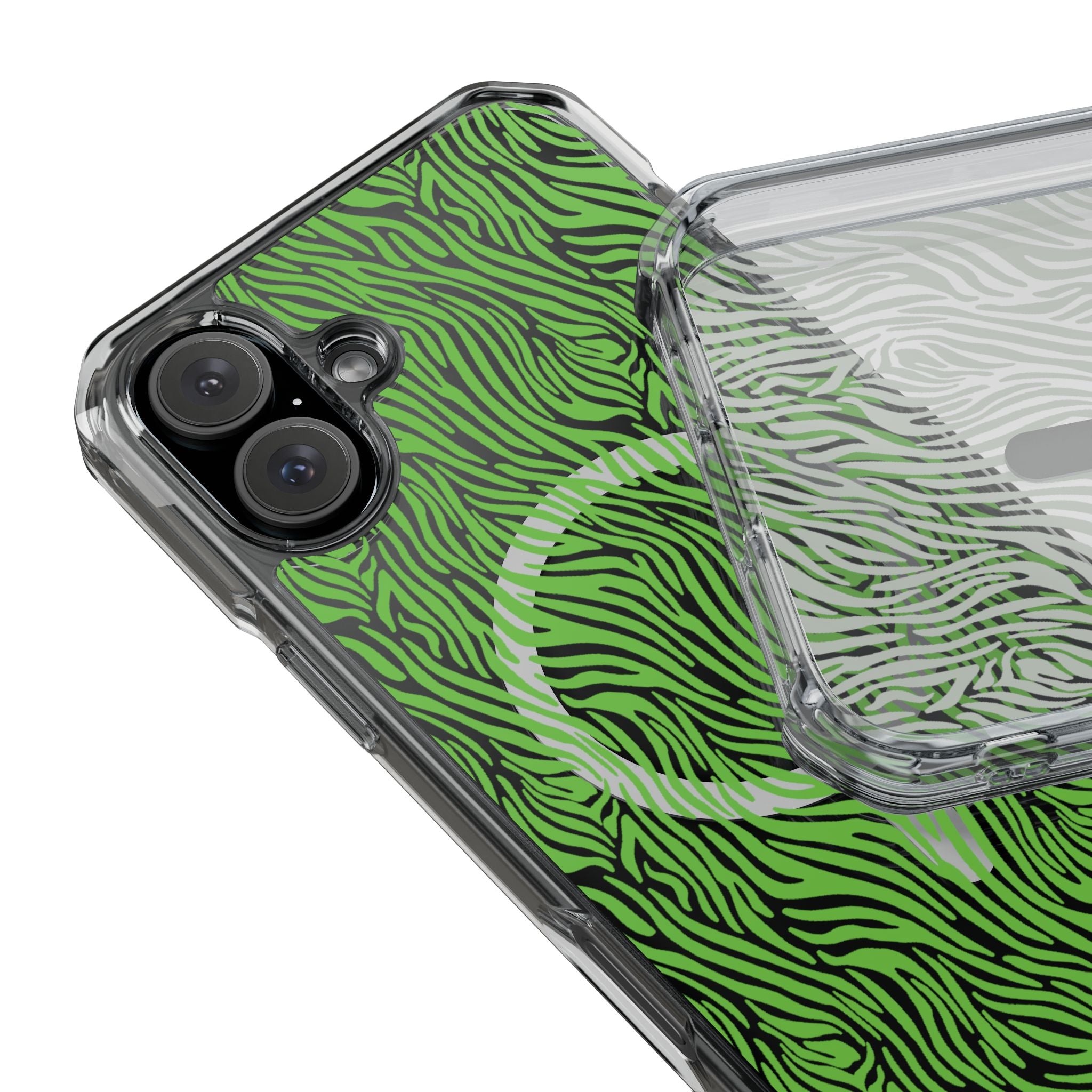 Neon Green Zebra Magnetic iPhone 14, 15, 16 Series Clear Impact Cases
