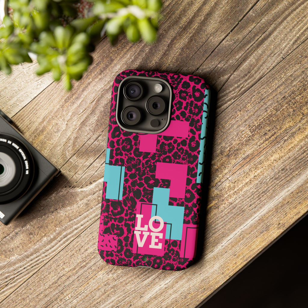 Pink Love Retro Blocks Leopard RG Tough Phone Case for iPhone, Galaxy, or Google Pixel