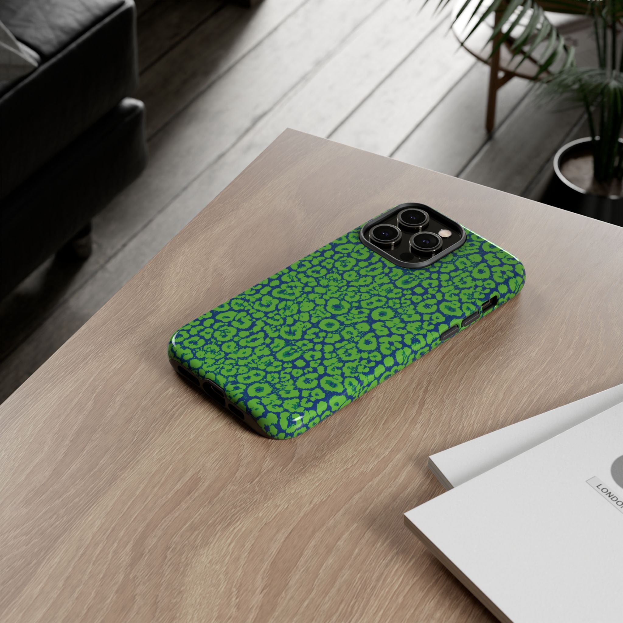 Blue Neon Green  Leopard Tough Phone Case for iPhone, Galaxy, or Google Pixel